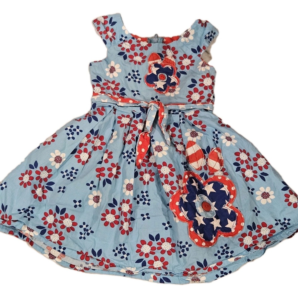 Jelly The Pug‎ Girls Dress Size 4 Red White Blue Patriotic Stars Flowers